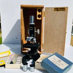 Microscope Vintage années 60 Viki O + lames et accessoires dans son coffret en bois d’origine