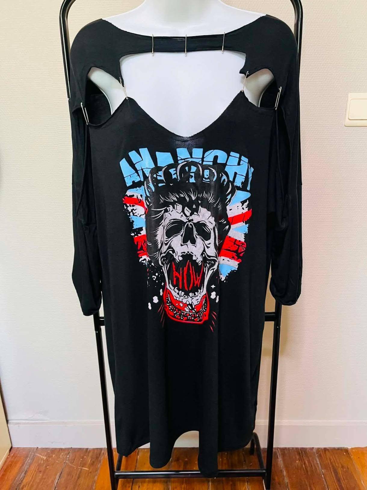 crane pdp Robe T-Shirt Punk Rock – Imprimé Crâne & Épingles à Nourrice TU