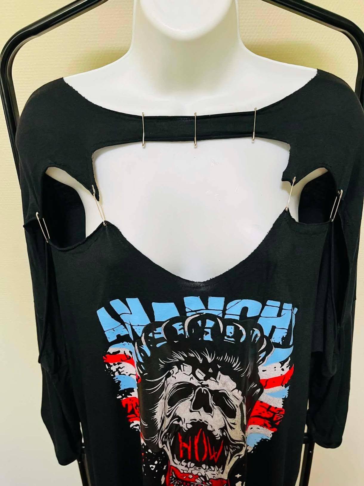 crane Robe T-Shirt Punk Rock – Imprimé Crâne & Épingles à Nourrice TU - Image 5