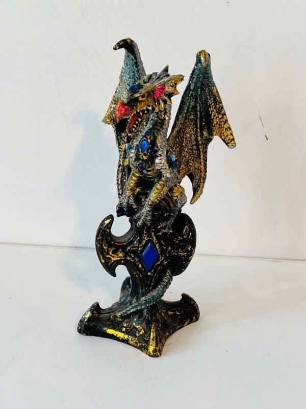 Statuette  Dragon Fantastique Doré et Vert avec Gemmes Bleues – Résine