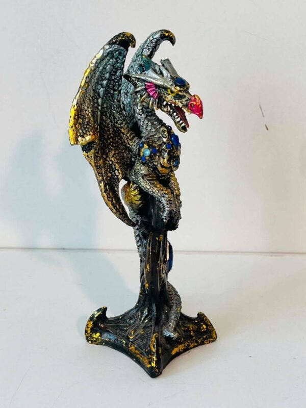 Statuette  Dragon Fantastique Doré et Vert avec Gemmes Bleues – Résine