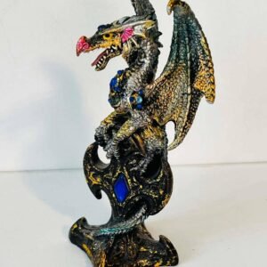 Statuette  Dragon Fantastique Doré et Vert avec Gemmes Bleues – Résine