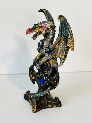 Statuette  Dragon Fantastique Doré et Vert avec Gemmes Bleues – Résine